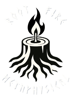 A logo featuring a candle flame on a tree stump with text around it.