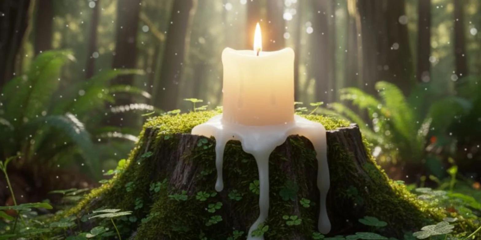 A lit candle melting on a moss-covered tree stump in a forest.